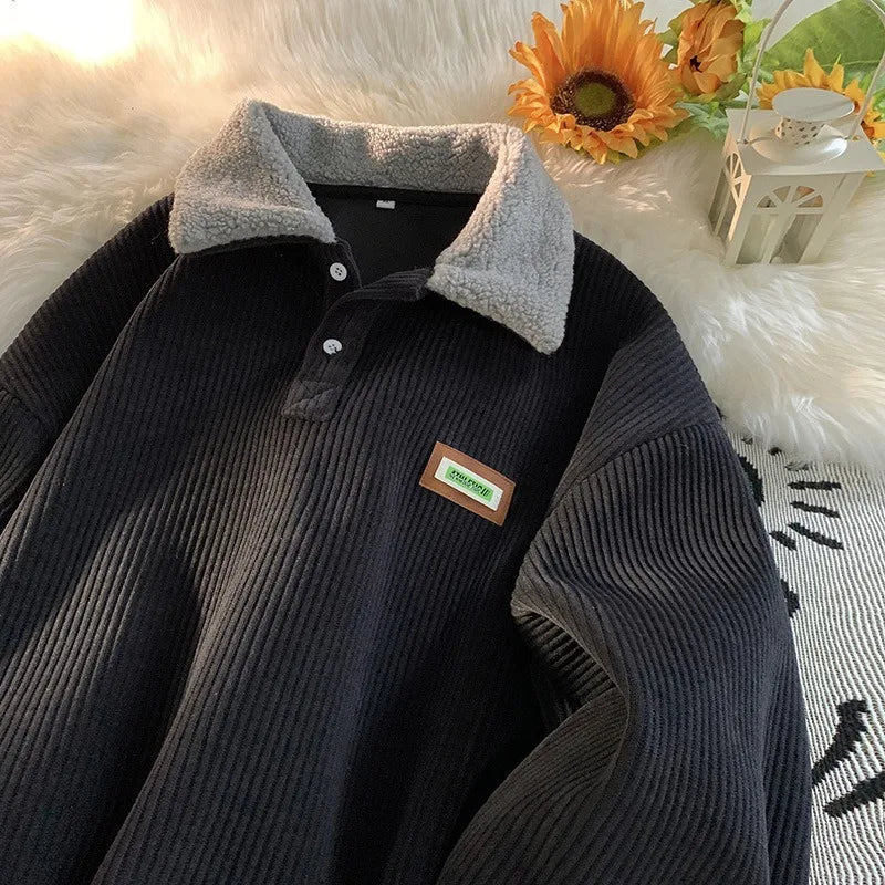 Corduroy Polo Collar Sweater Thickened Lambwool Pullover Casual Winter Wear