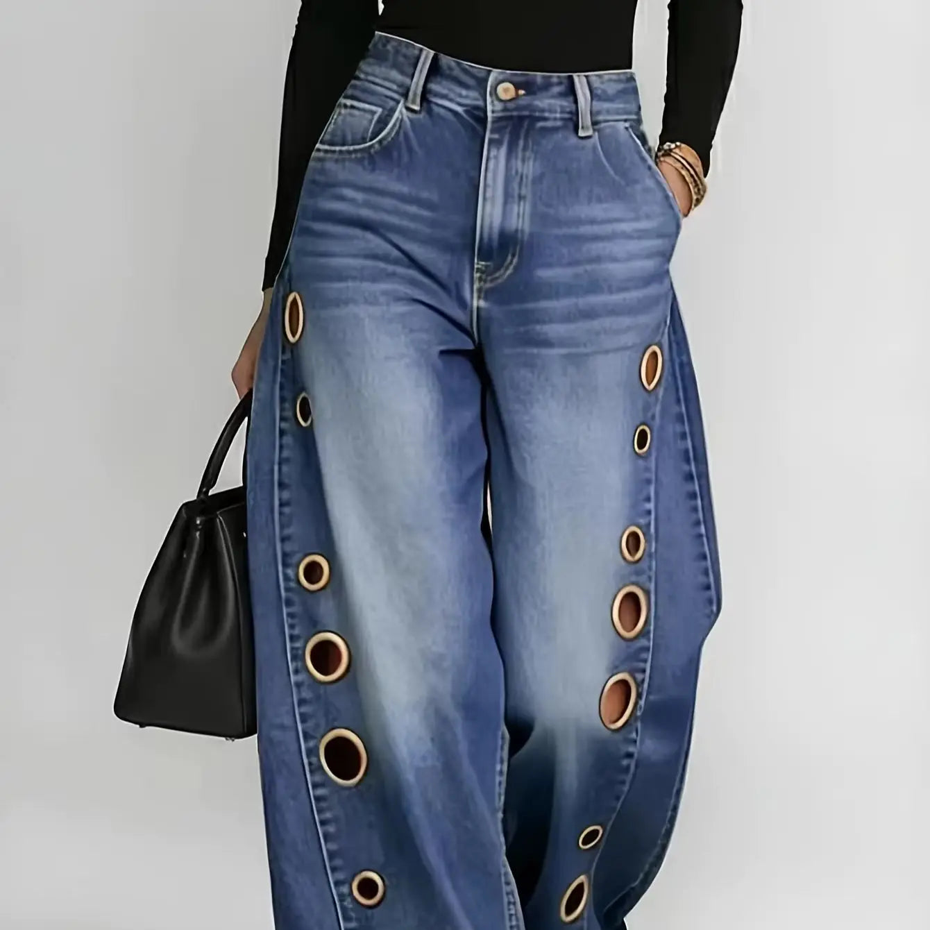 Retro Wide-Leg Jeans With Metallic Eyelets High-Waisted Denim