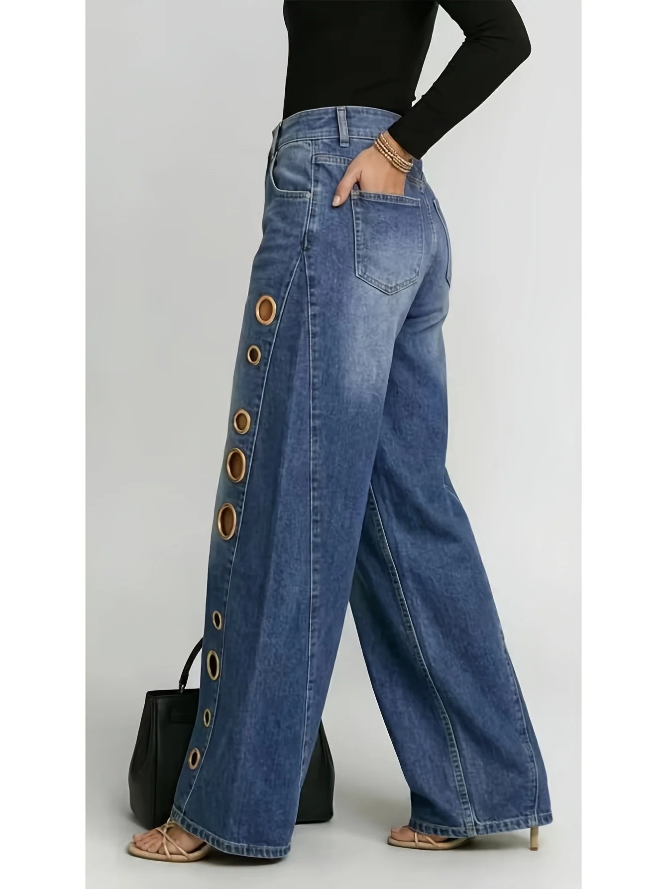 Retro Wide-Leg Jeans With Metallic Eyelets High-Waisted Denim