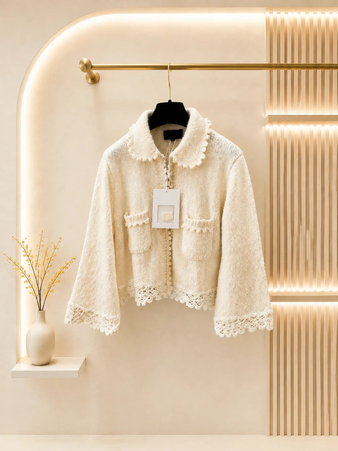 Women Cropped Knit Cardigan With Doll Collar And Flared Sleeves