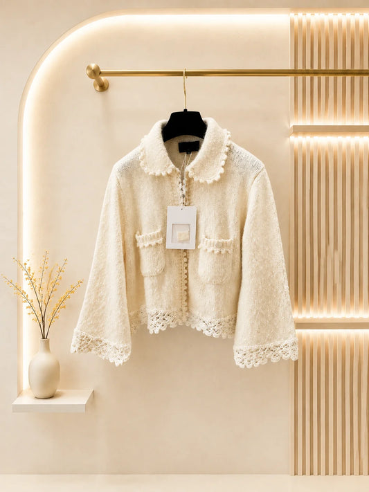 Women Cropped Knit Cardigan With Doll Collar And Flared Sleeves