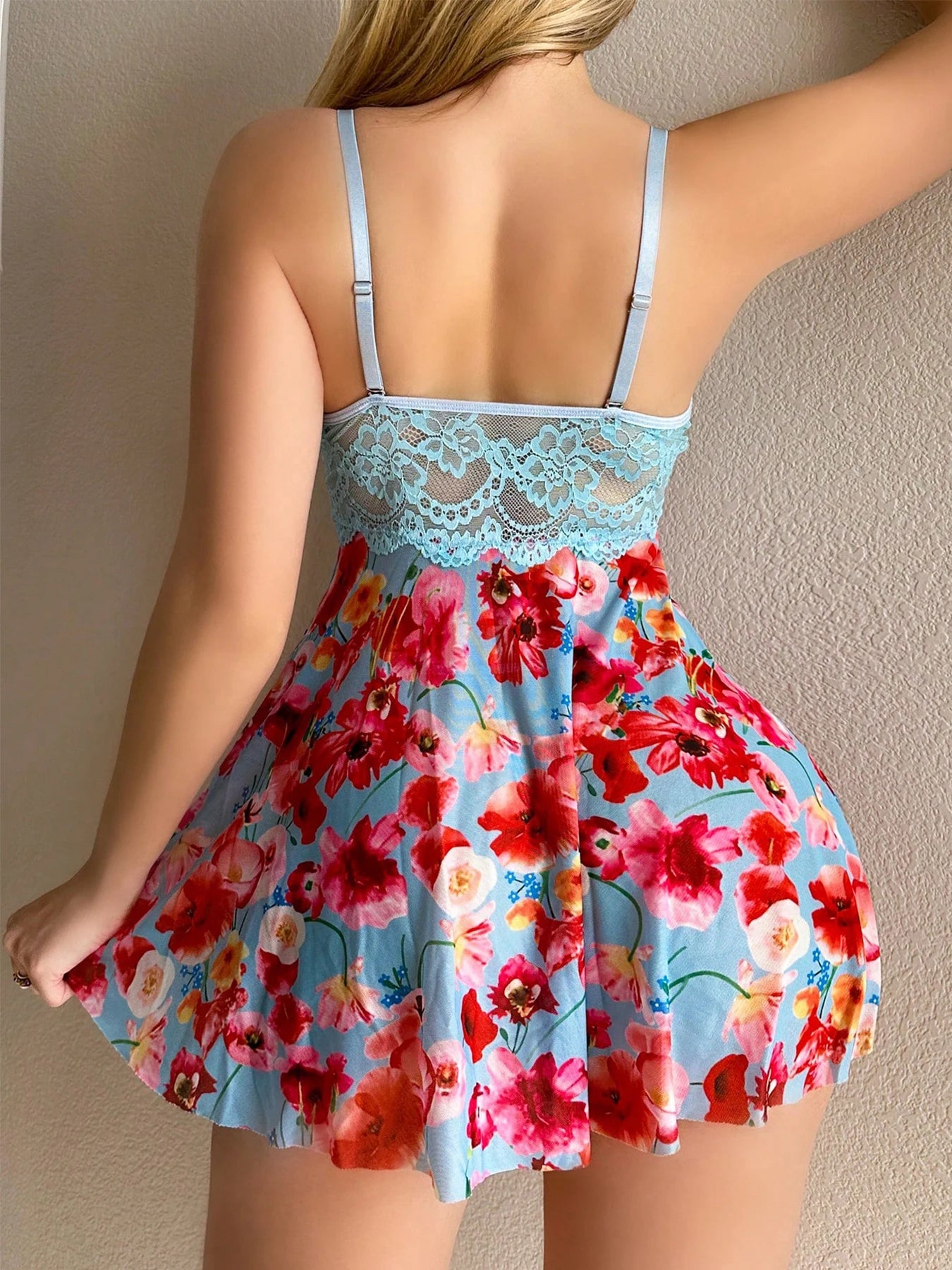 Floral Lace Babydoll Nightgown And Thong Set For Women