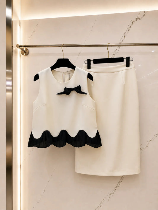 Women's Summer Two Piece Set Sleeveless Bow Decor Scalloped Midi