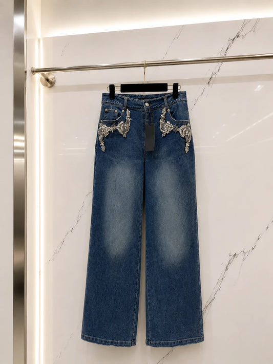 Women's High Waist Wide Leg Denim Jeans With Rhinestone Appliques