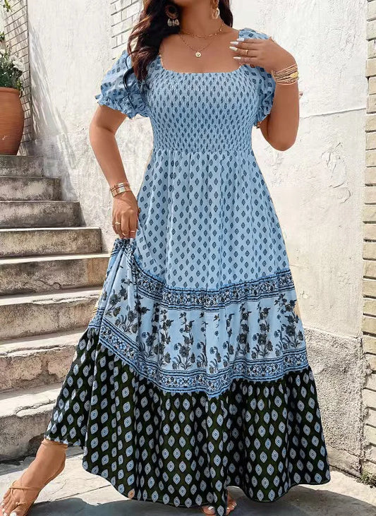 Bohemian Smocked Short Sleeve Floral Dress Women Knee Length Sundress