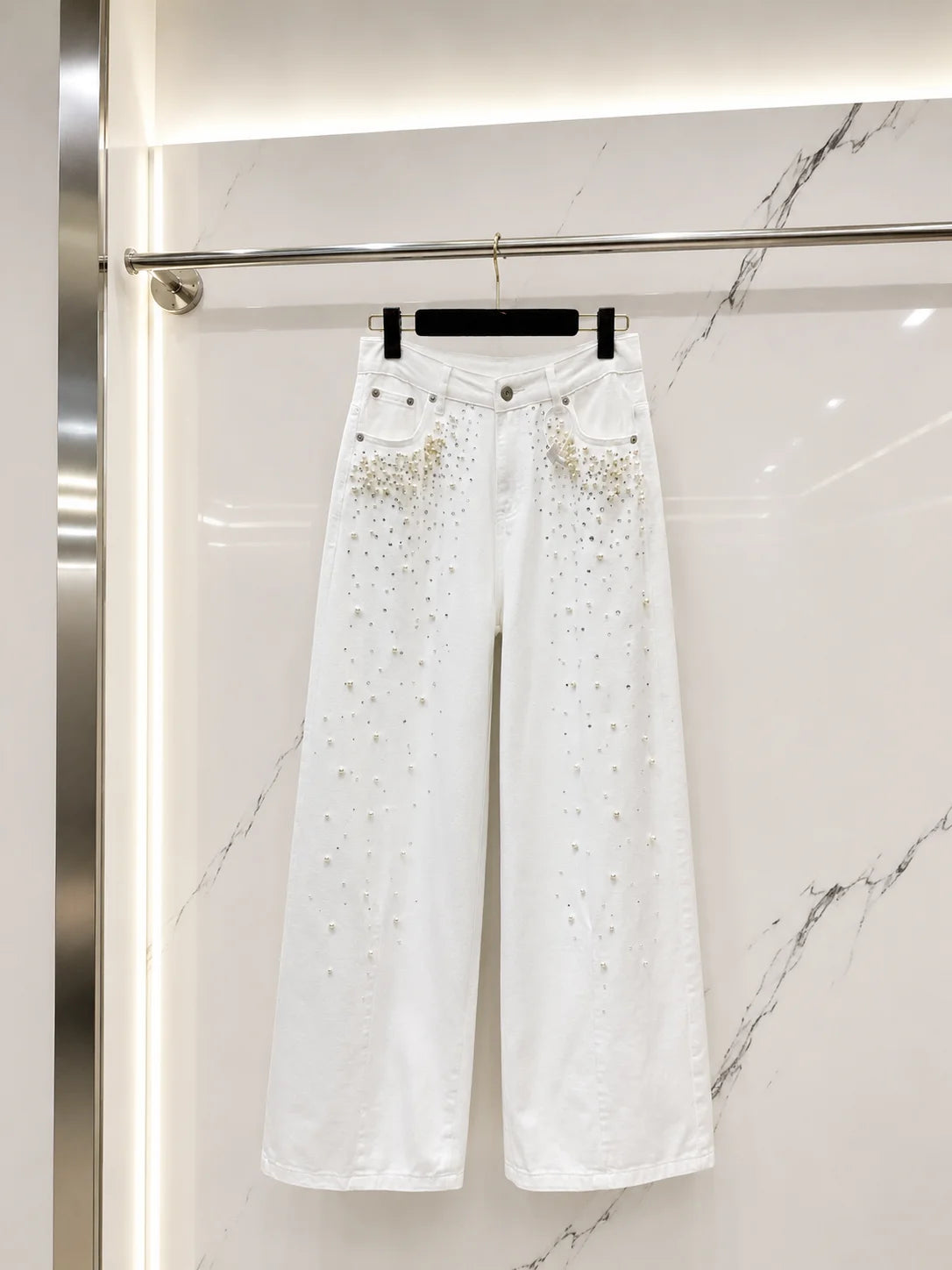 Wide Leg High Waist Cotton Denim Jeans With Pearl Rhinestones