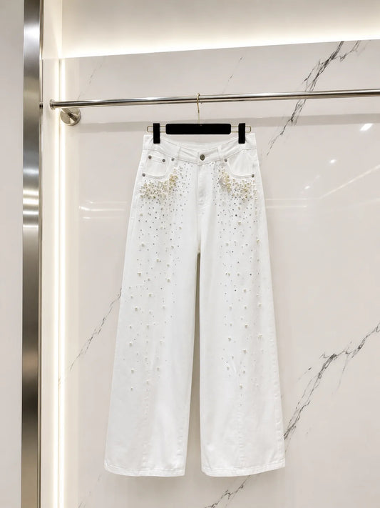 Wide Leg High Waist Cotton Denim Jeans With Pearl Rhinestones
