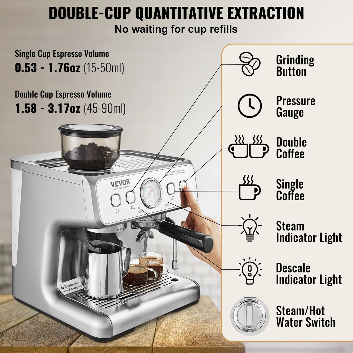 Vevor 15 Bar Espresso Machine With Grinder And Milk Frother