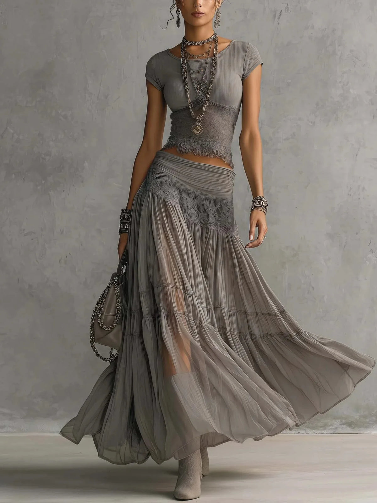 Women's Knit Top And Chiffon Dress Two Piece Fashion Set