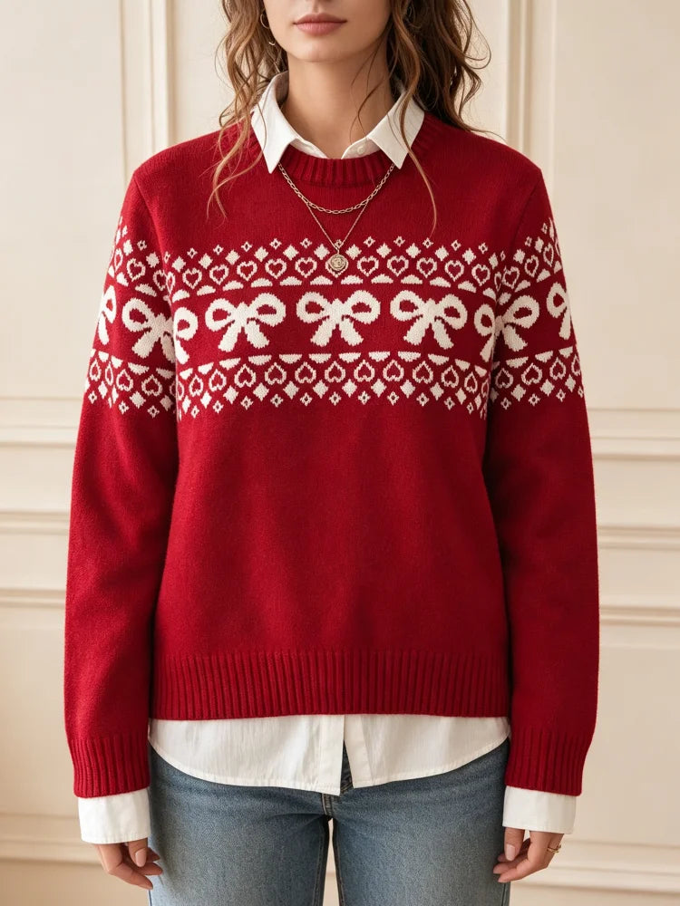Women Bohemian Knitted Pullover Sweater With Bow Floral Print