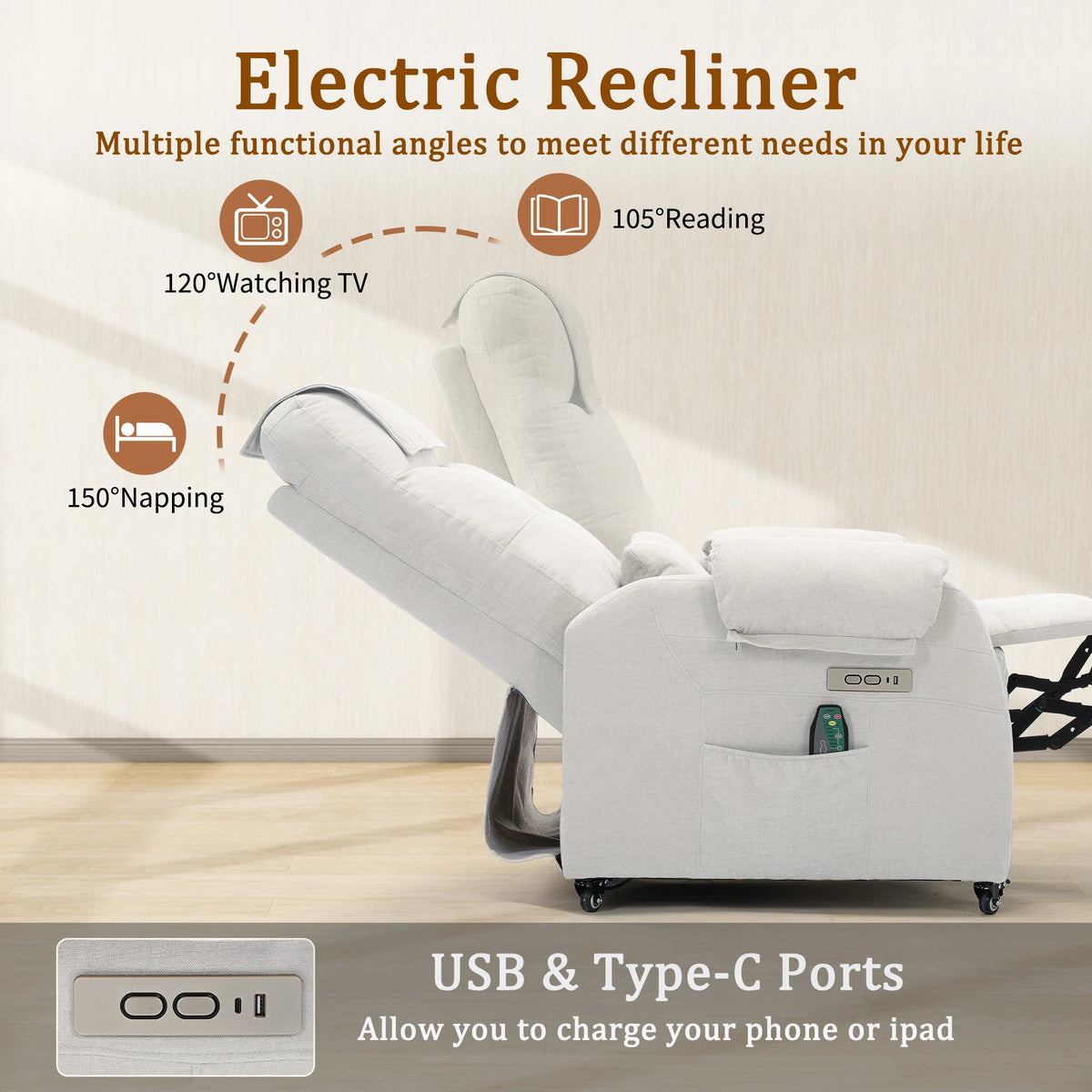 KORSER Power Recliner Chair With USB Ports And Wheels