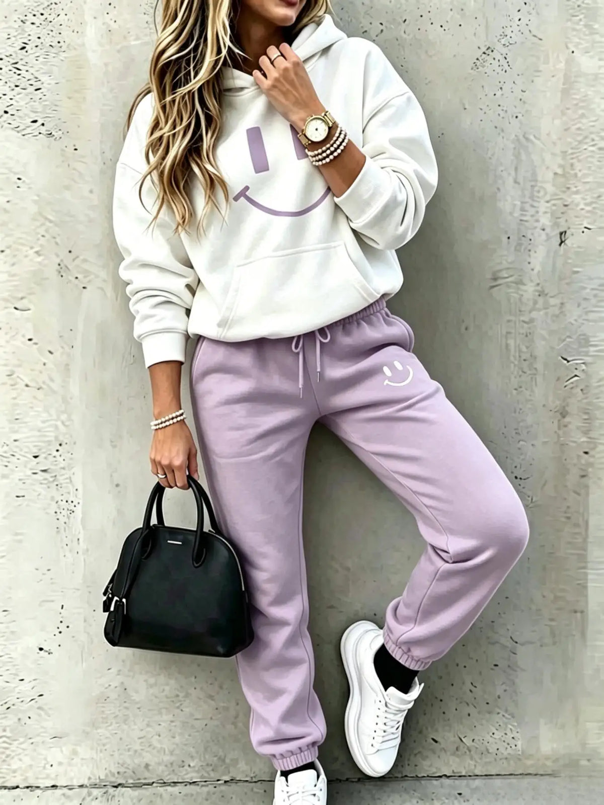 Women Smile Face Print Hooded Two Piece Casual Tracksuit Set