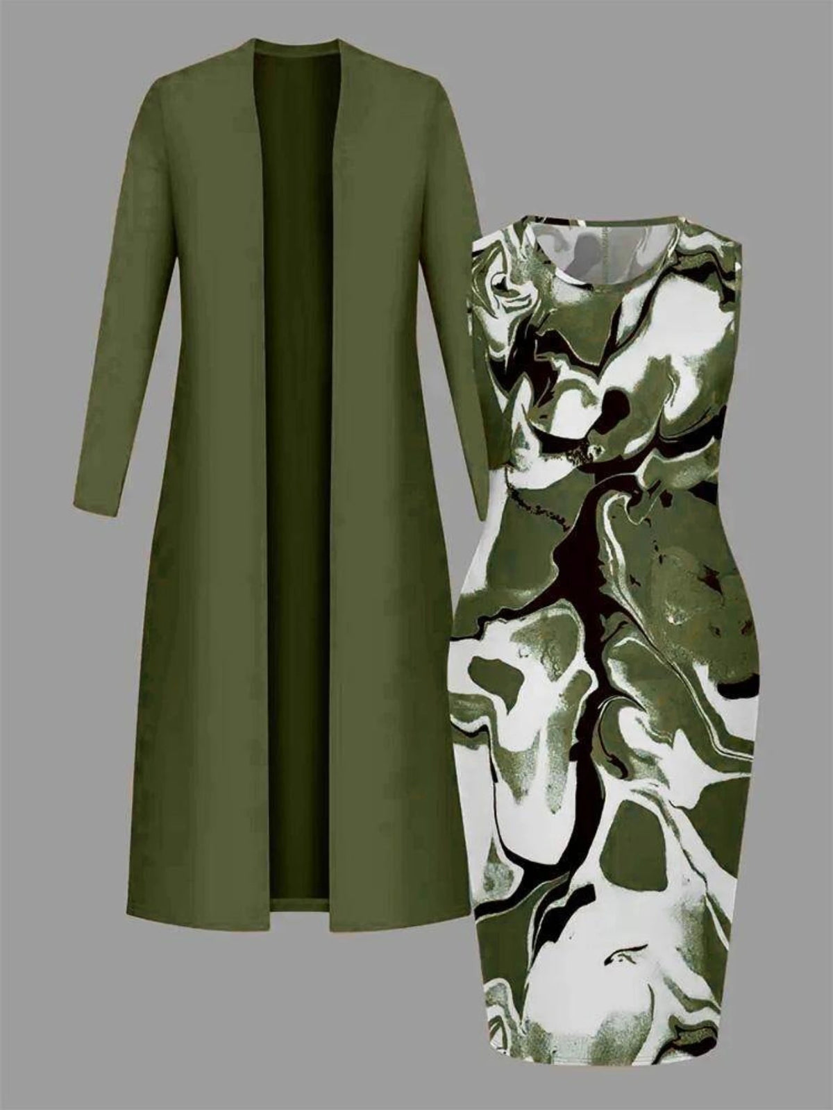 Women's Long Cardigan And Marble Print Midi Dress Outfit Set