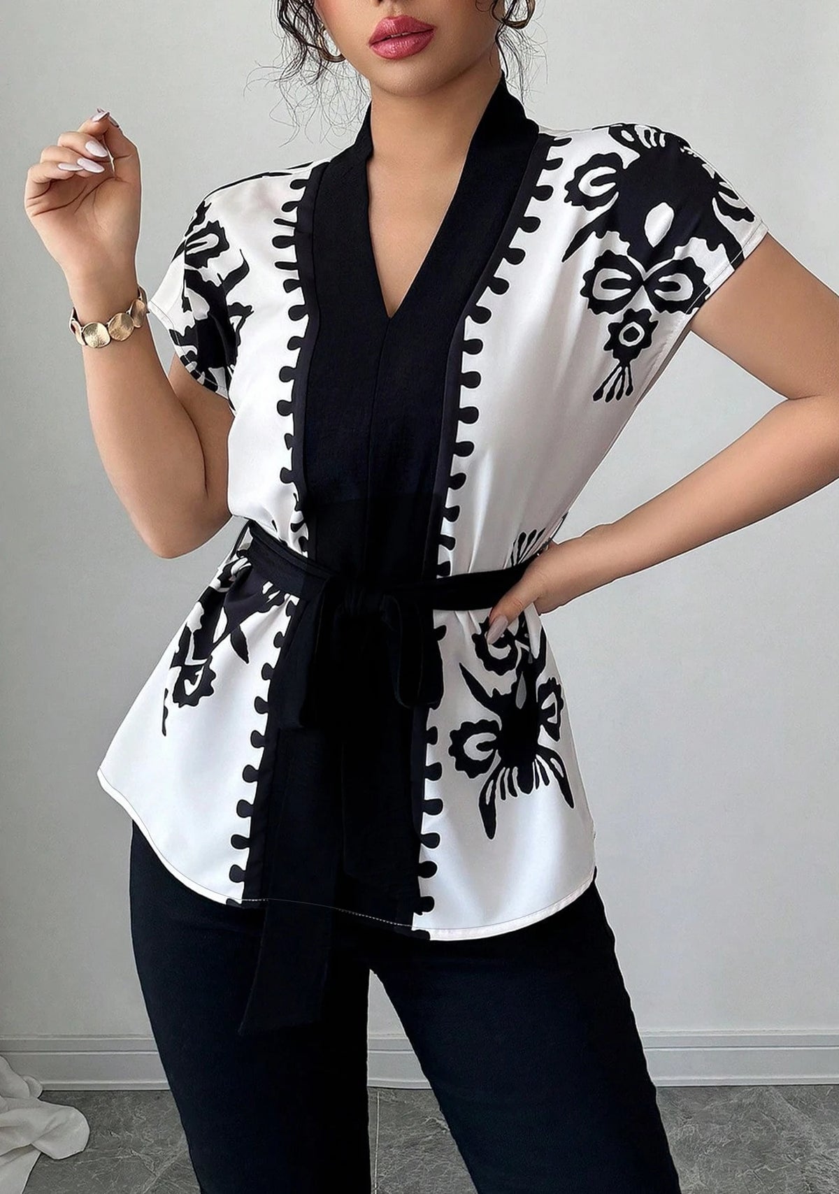 Floral Print Waist Cinching Short Sleeve Casual Blouse for Women
