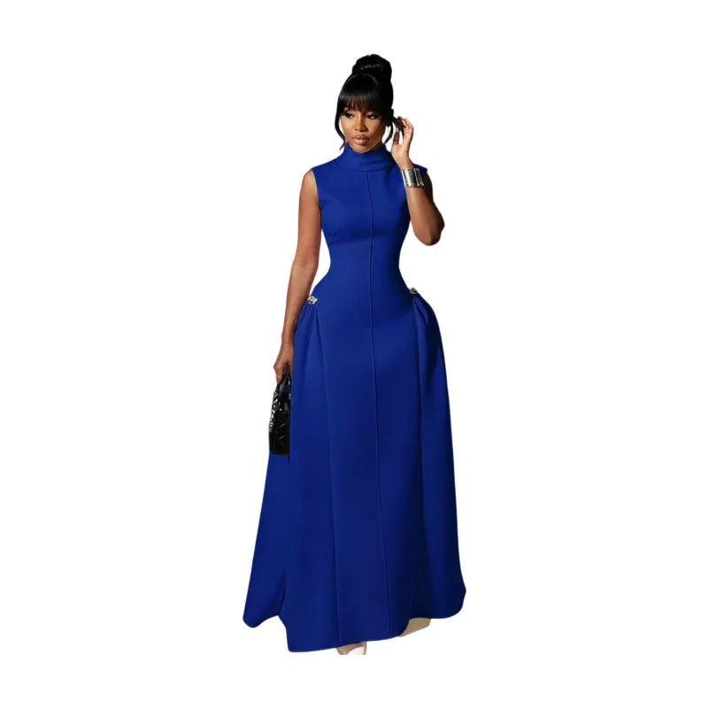 Women High Neck Sleeveless Fitted Polyester Floor Length Maxi Dress