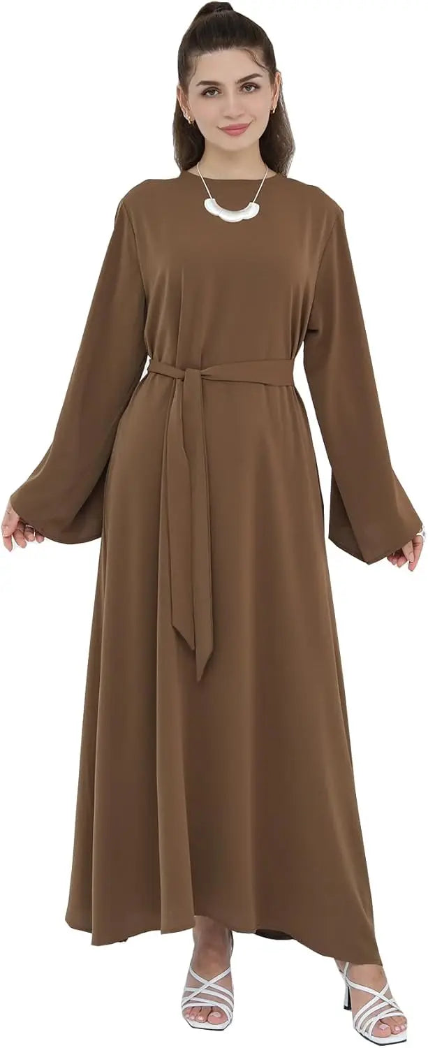 Women Long Abaya Dress With Belt Islamic Maxi Jilbab Robe