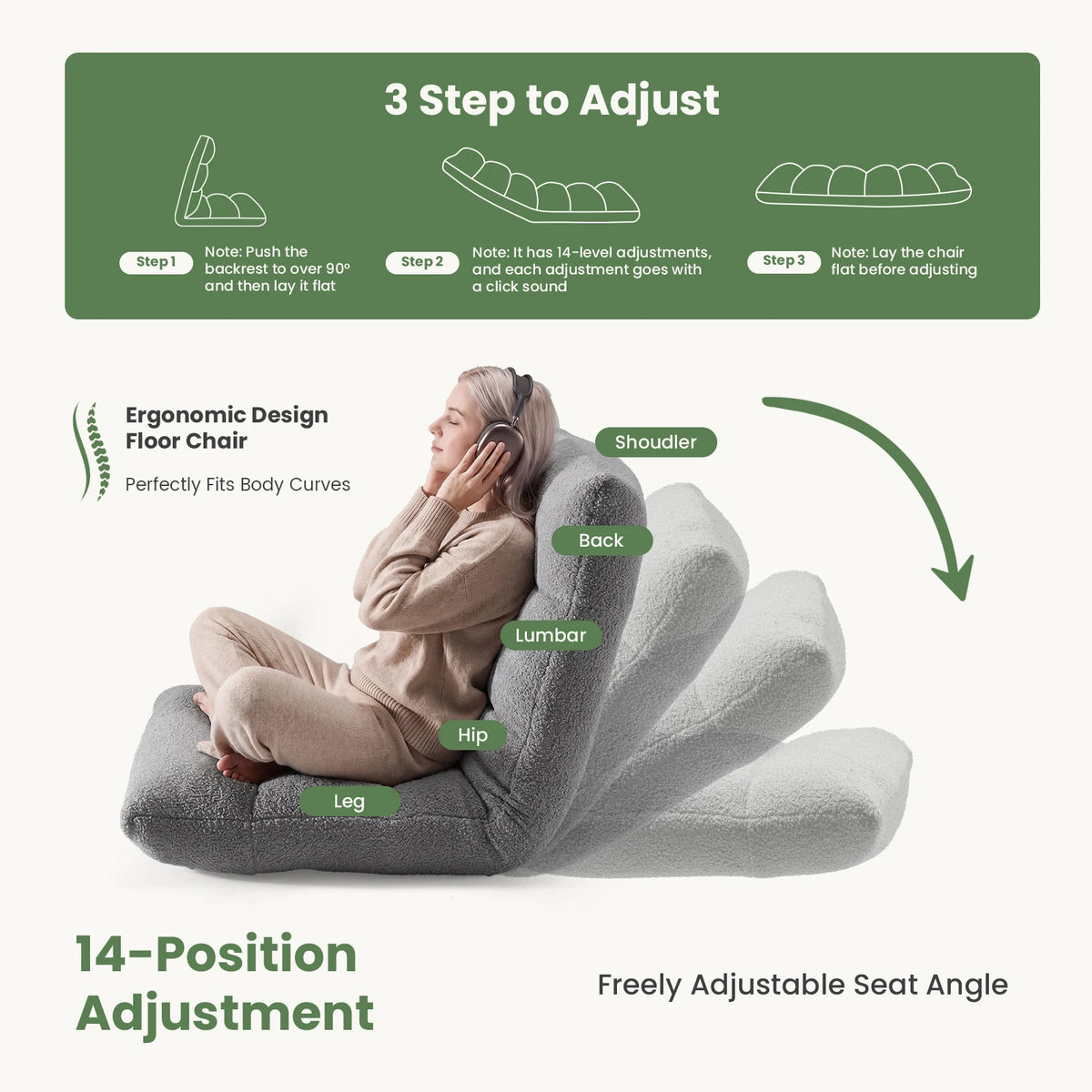 JHK Folding Floor Chair With Adjustable Back Support