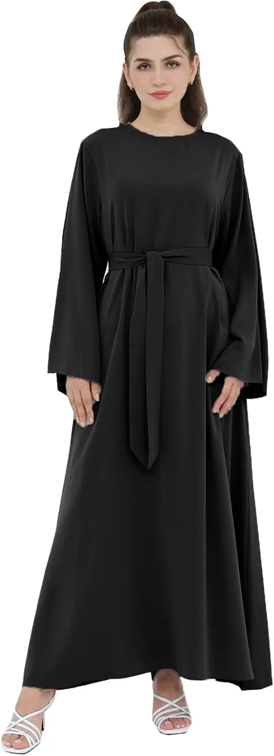 Women Long Abaya Dress With Belt Islamic Maxi Jilbab Robe