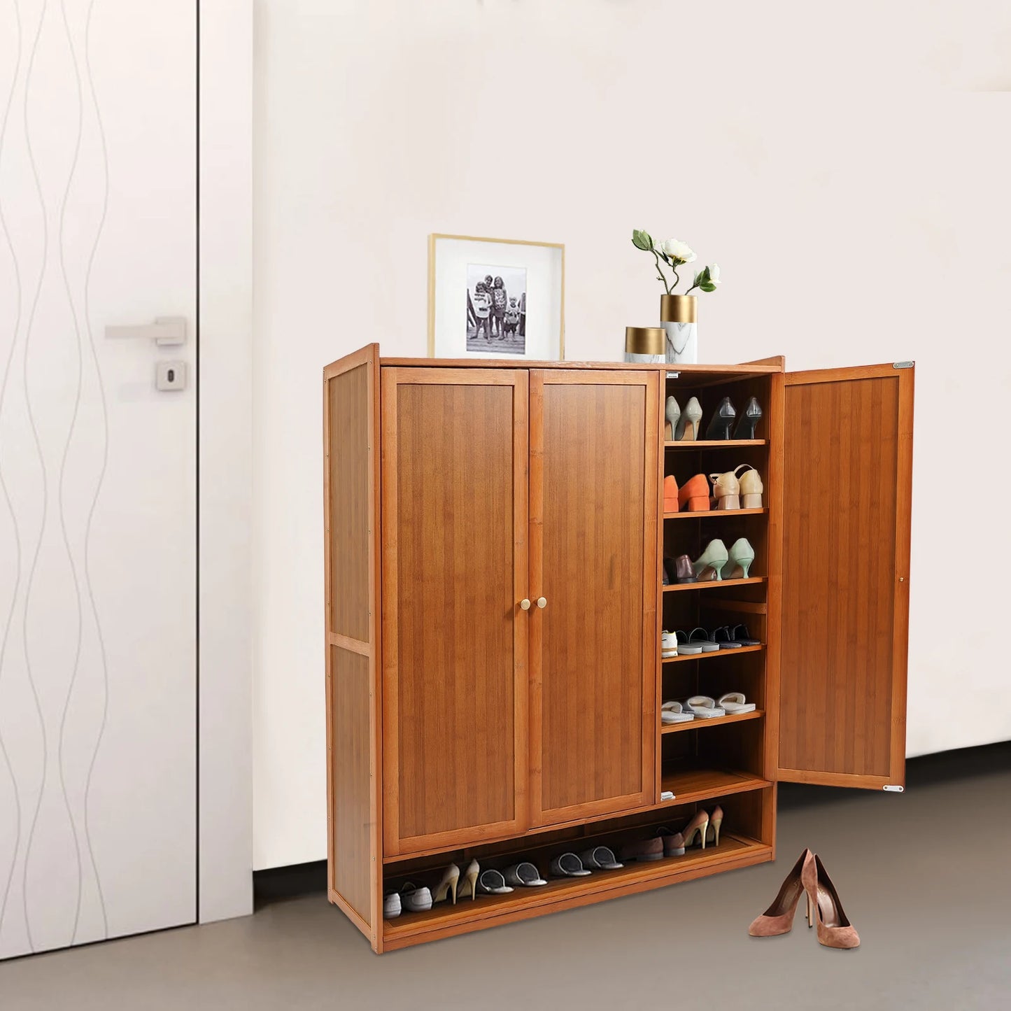 Natural Bamboo Shoe Cabinet With 3 Folding Doors And Partitions