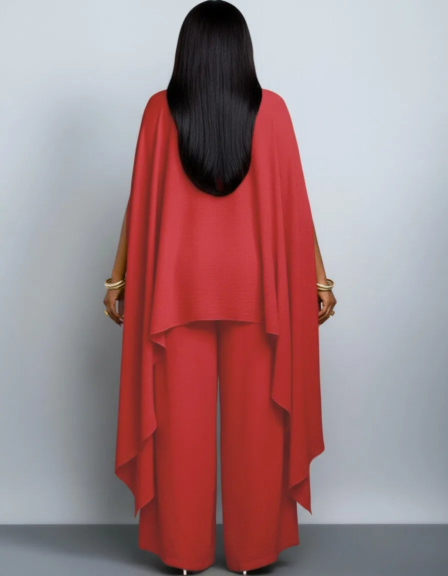Women's Cape Sleeve Top Wide Leg Pants Two Piece Set
