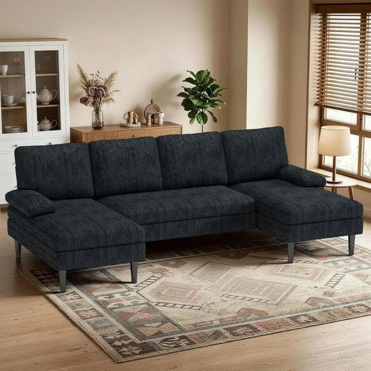 Modern Chenille Sectional Sofa With Double Chaise Lounge Design