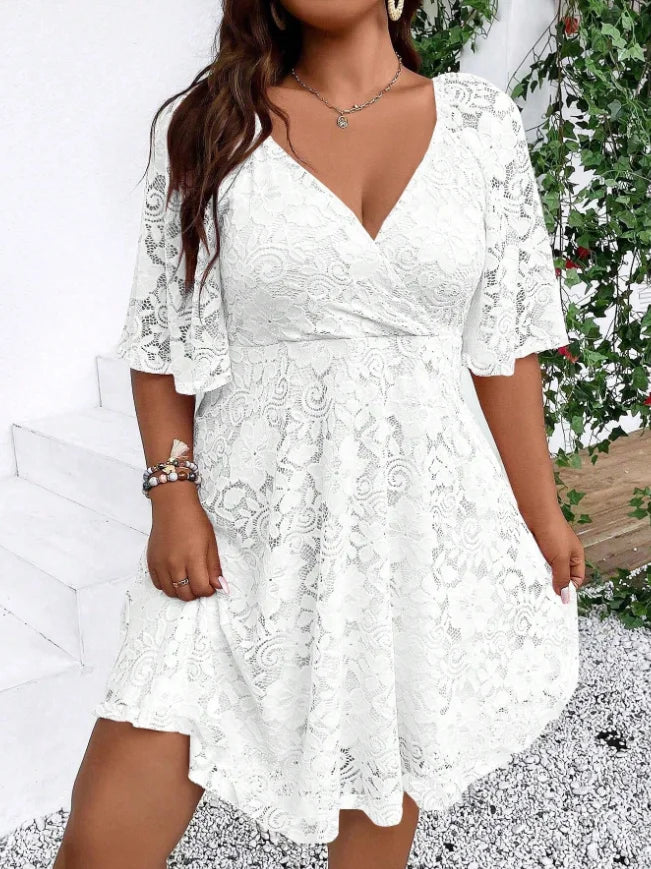 Women's Elegant Lace A-Line Dress With V-Neck And Crossover Waist
