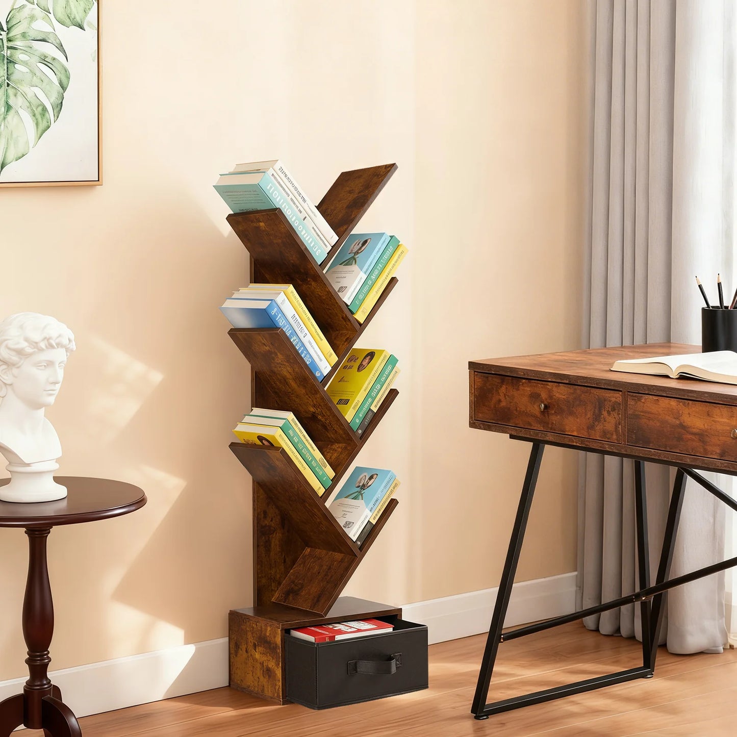 JHK 7-Tier Geometric Wooden Book Rack With Drawer Corner Bookshelf