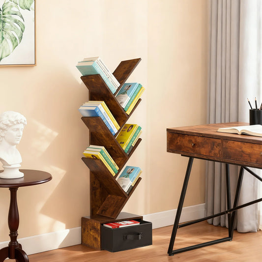 JHK 7-Tier Geometric Wooden Book Rack With Drawer Corner Bookshelf