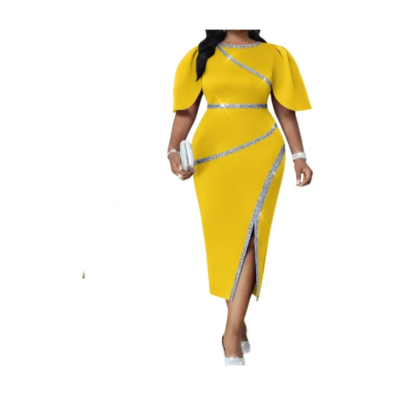 Women's Flutter Sleeve Diagonal Split Midi Bodycon Dress