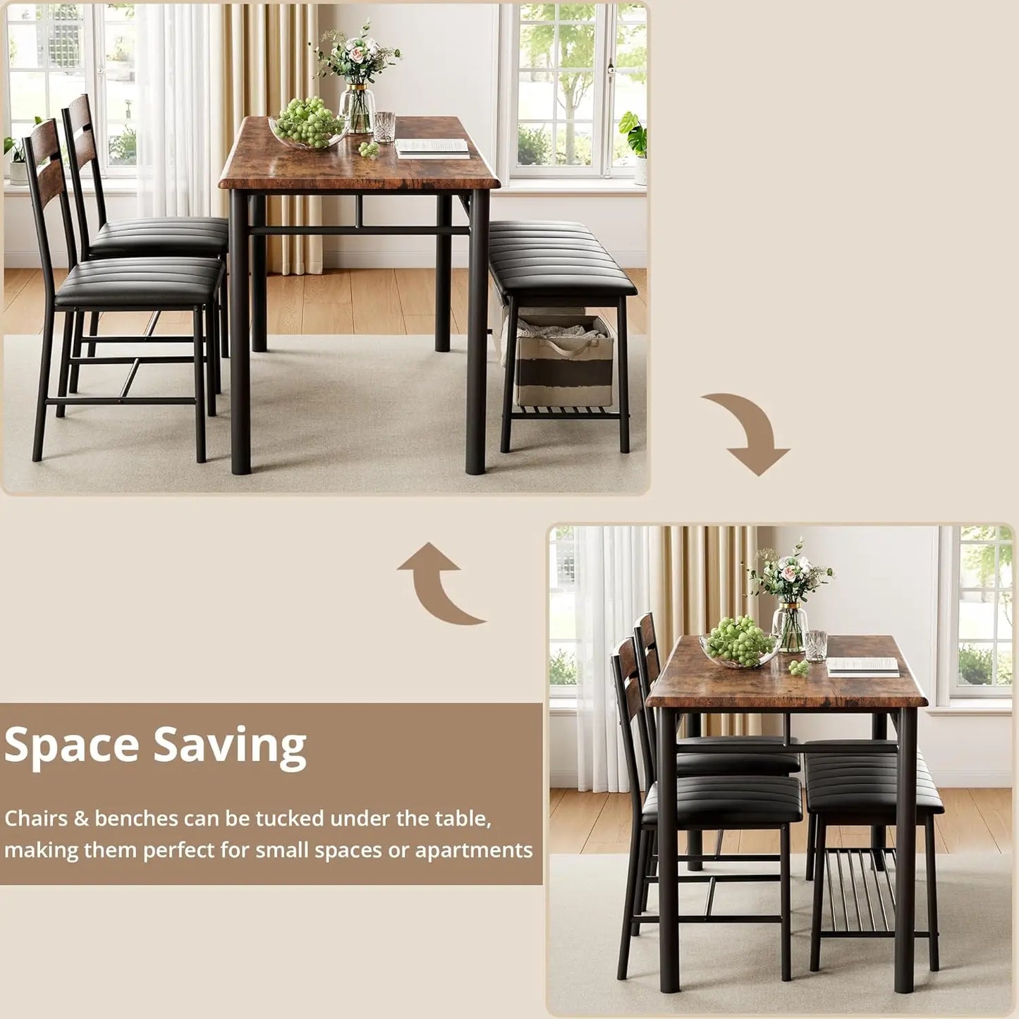 IRONCK Dining Table Set With Upholstered Bench And Two Chairs