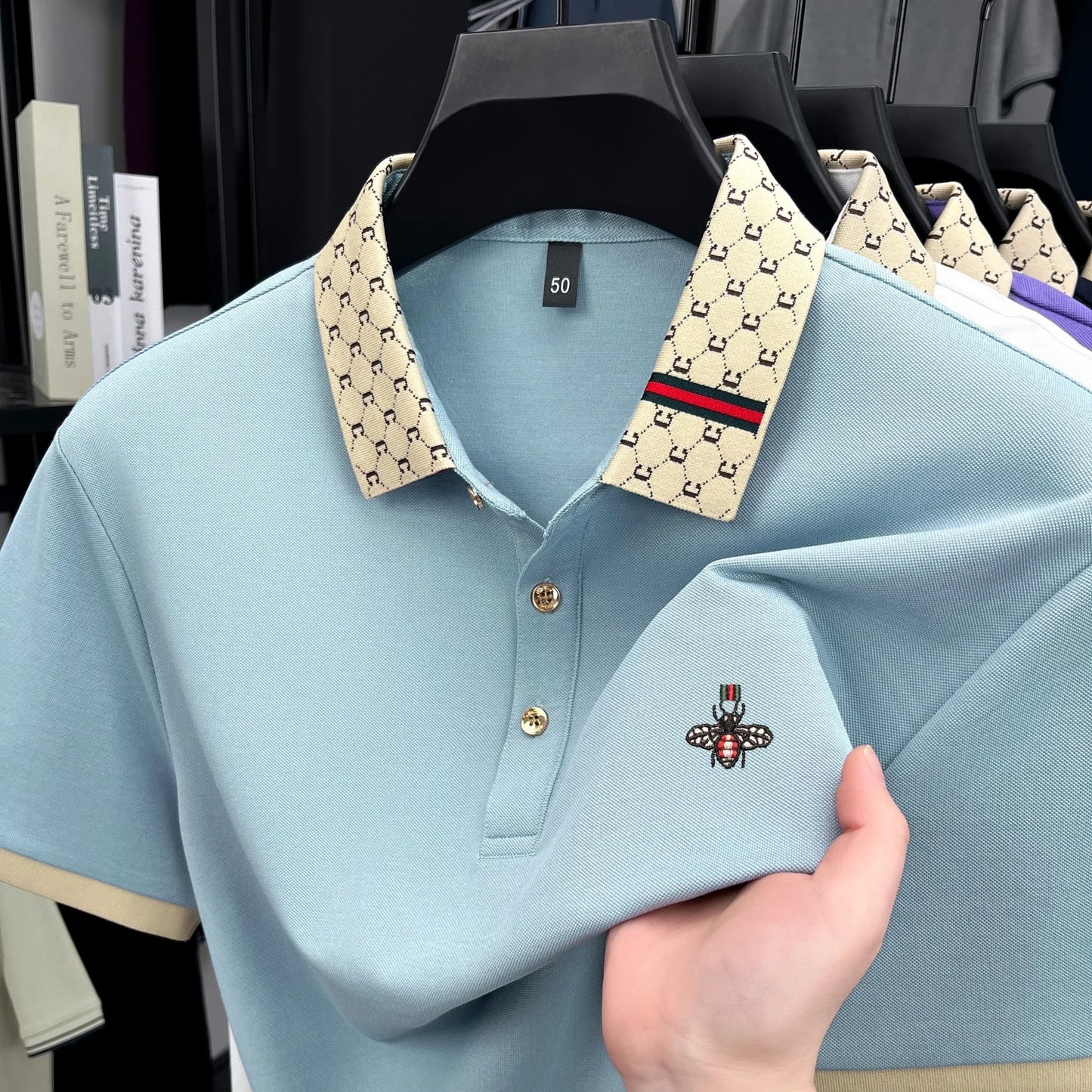 Men's High-End Lapel Polo Shirt With Letter Jacquard Bee Embroidery