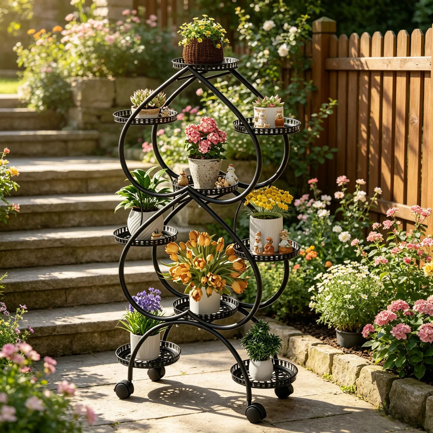 Nine Tier Metal Plant Stand With Wheels For Patio And Garden