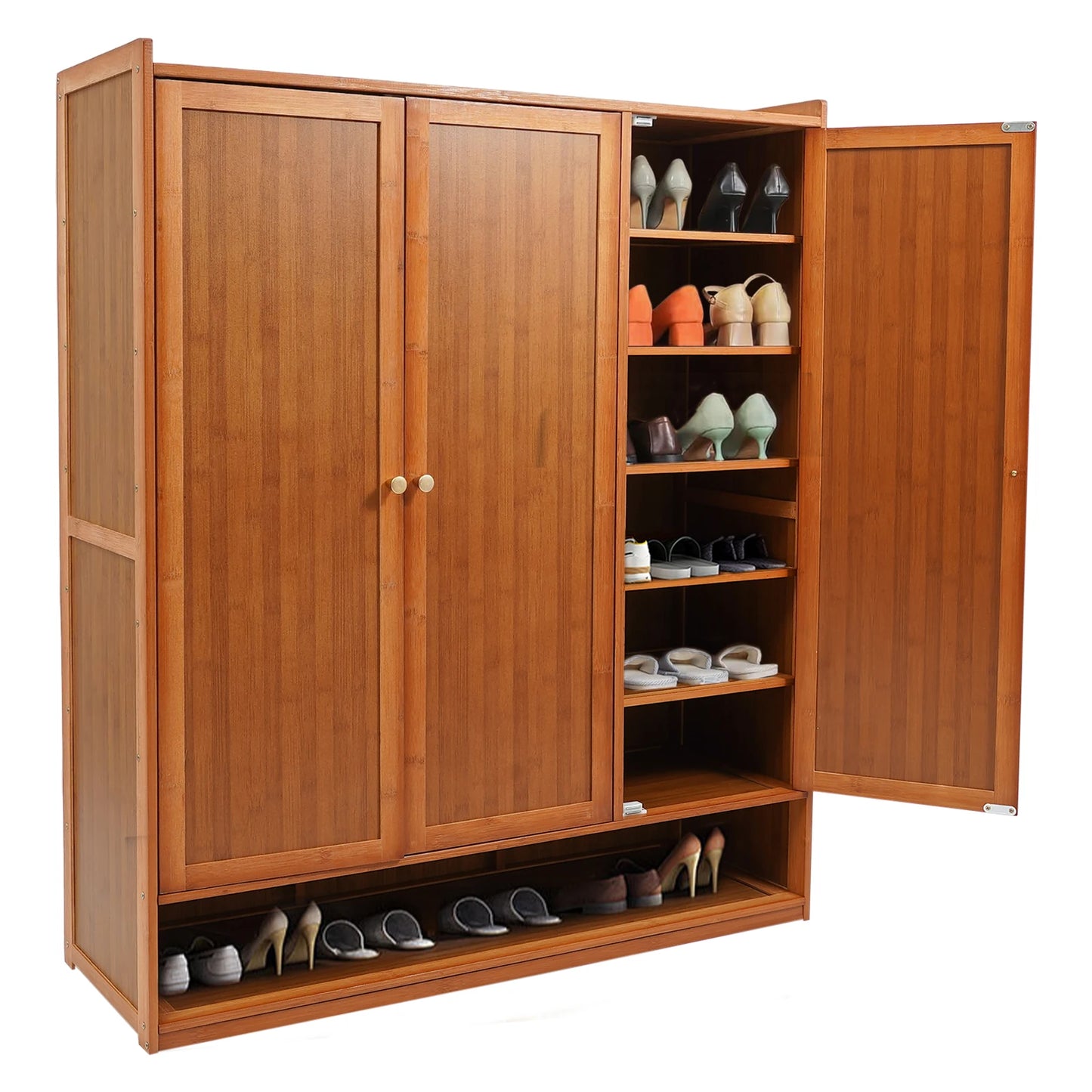 Natural Bamboo Shoe Cabinet With 3 Folding Doors And Partitions