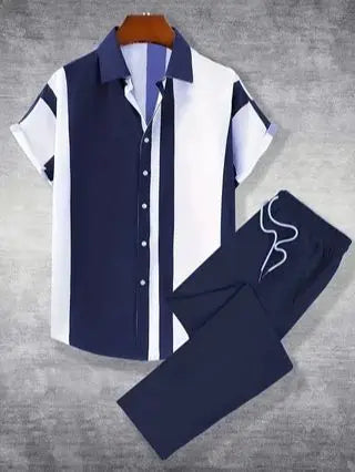 Men's Summer Polyester Printed Button-Down Short Sleeve Shirt And Pants