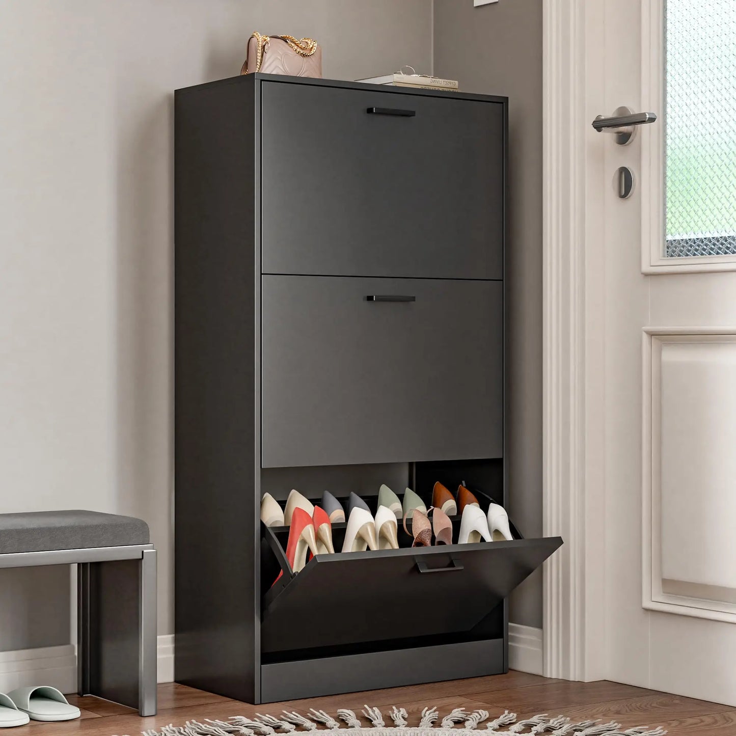 Slim Freestanding Shoe Cabinet With Flip Drawers Hidden Storage