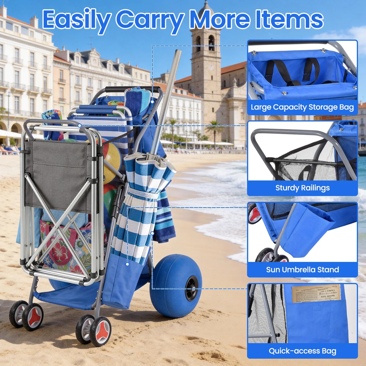Foldable Beach Wagon Cart With Terrain Wheels 176 Lbs Capacity