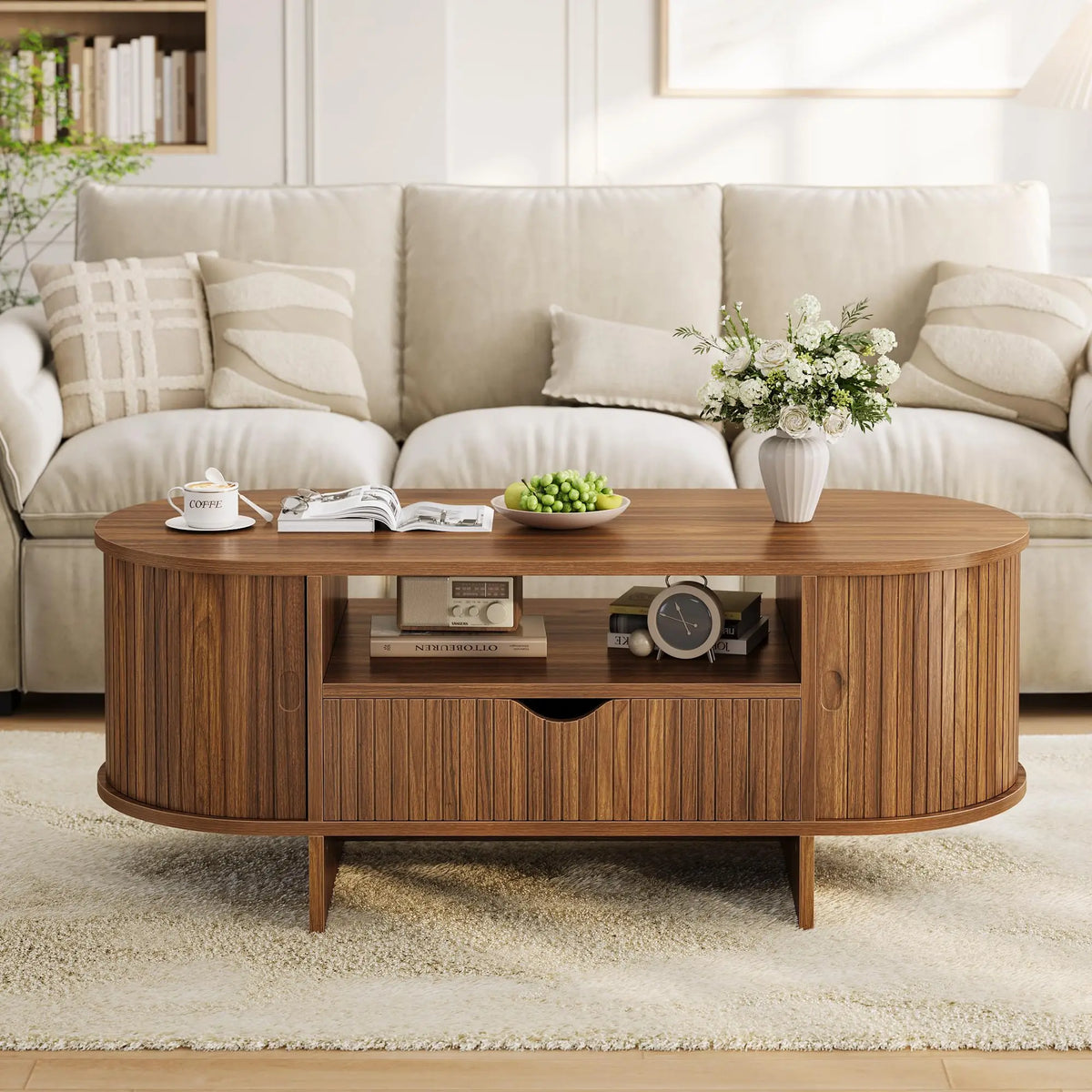 HiMISS Modern Oval Coffee Table With Drawer And Cabinet Storage