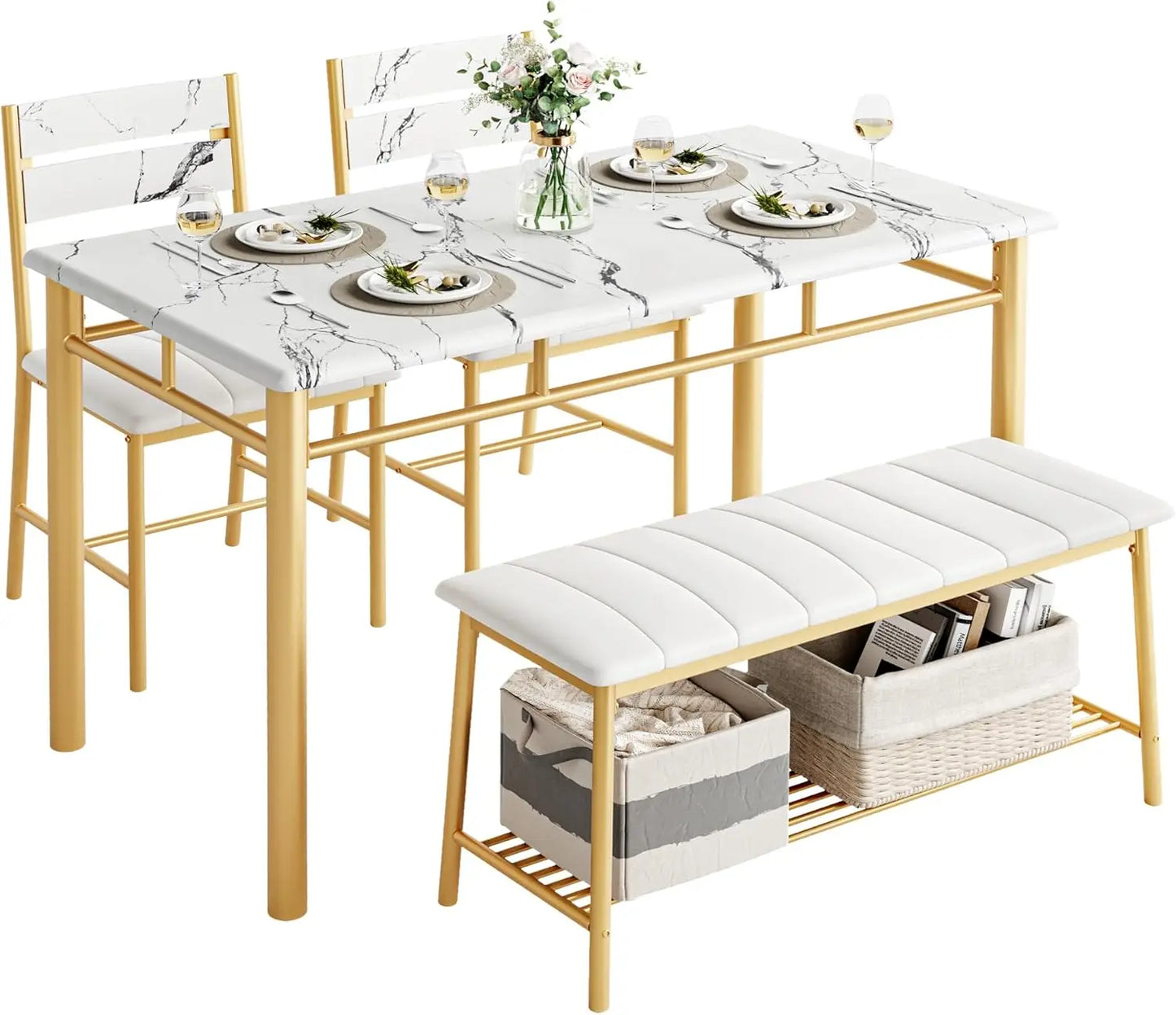 IRONCK Dining Table Set For 4 With Bench And Chairs