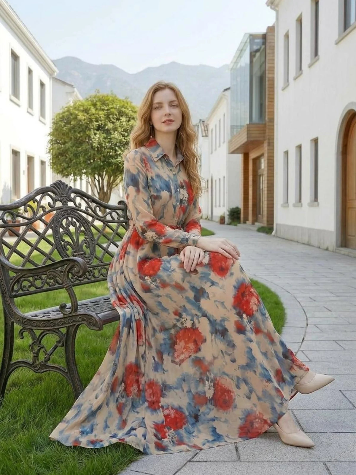 Floral Button Front Turn Down Collar Long Sleeve Maxi Dress