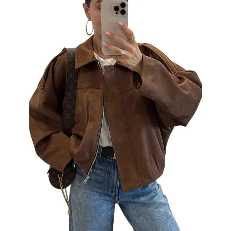 Womens Vintage Suede Casual Streetwear Jacket With Zipper Closure