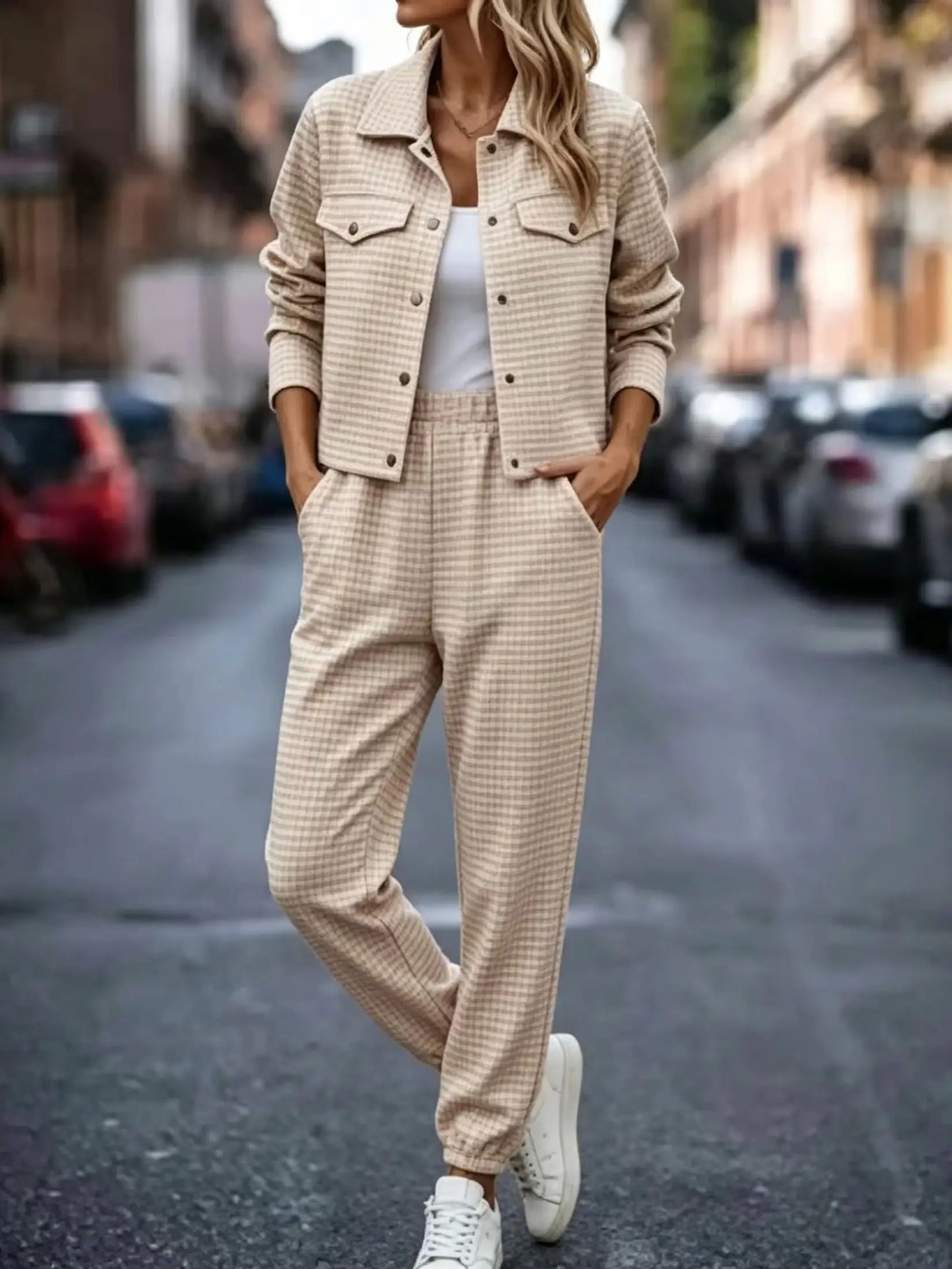 Womens Single Breasted Lapel Knit Cardigan And Trousers Set