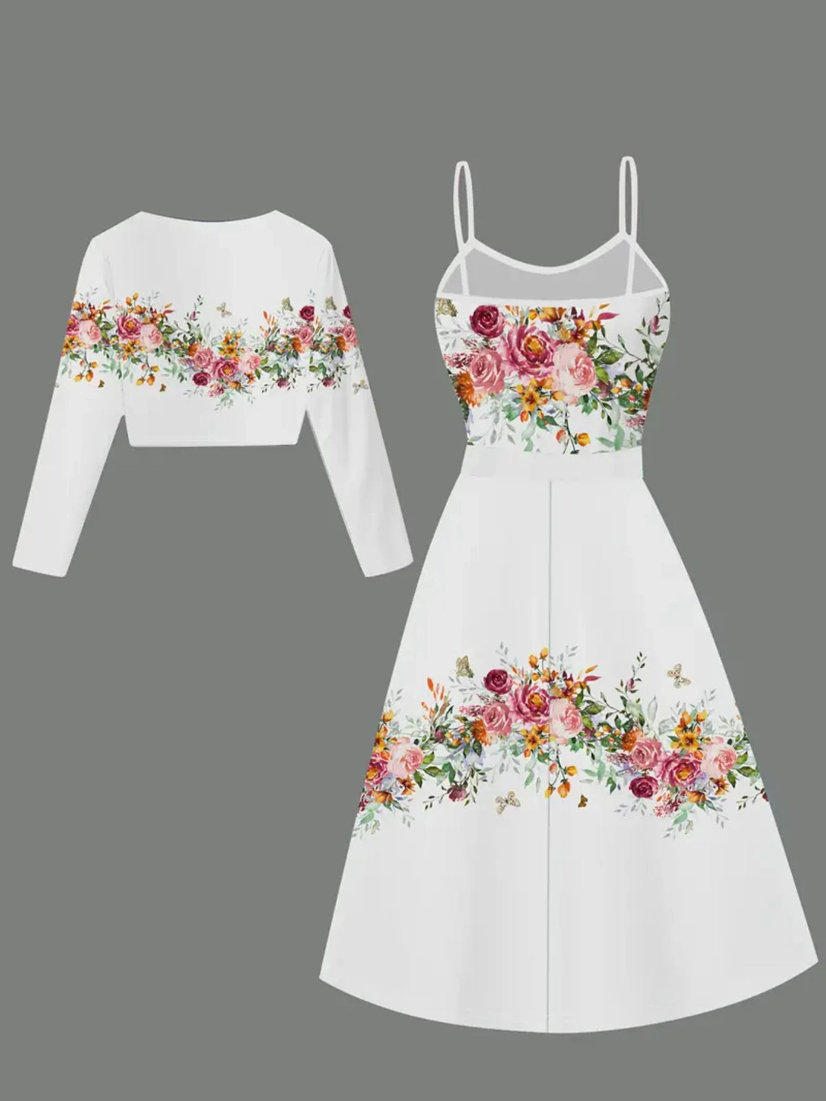 Womens Two Piece Cropped Cardigan And Floral Midi Dress Set