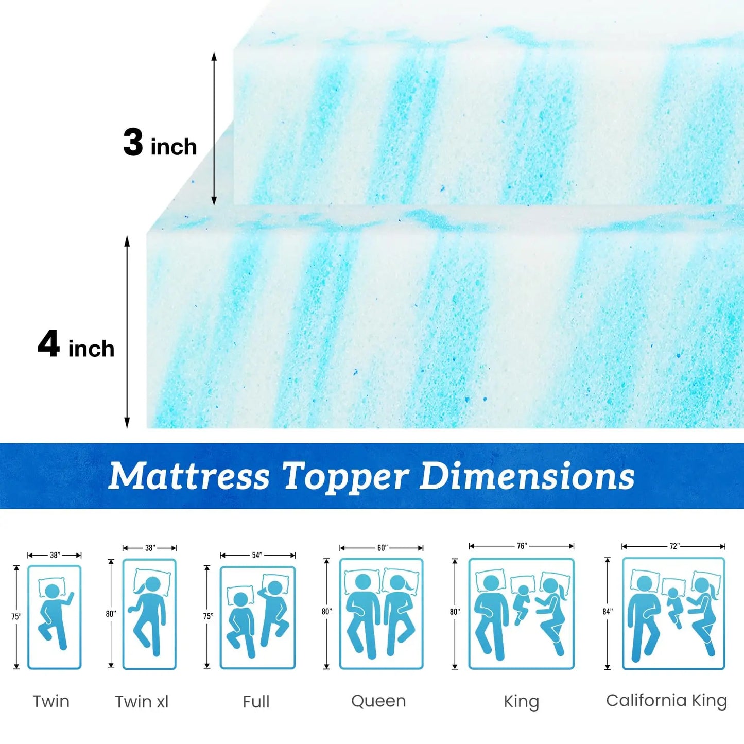 JHK Gel Cooling Memory Foam Mattress Topper Soft Breathable
