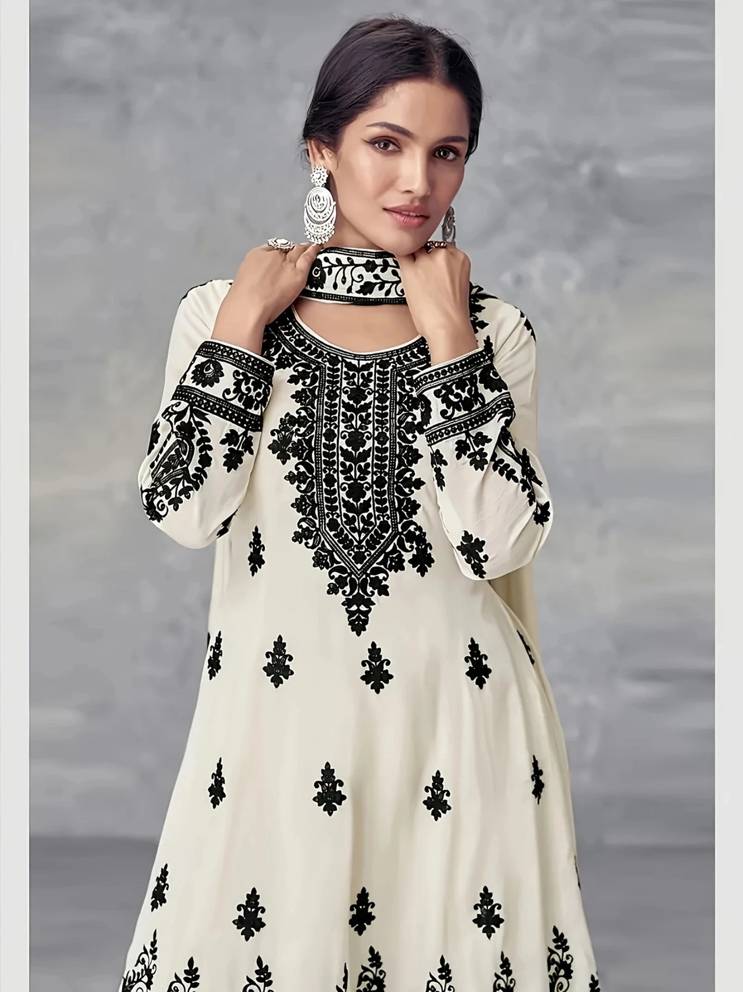 Women's Three Piece Set Ethnic Style Off White Black Printed