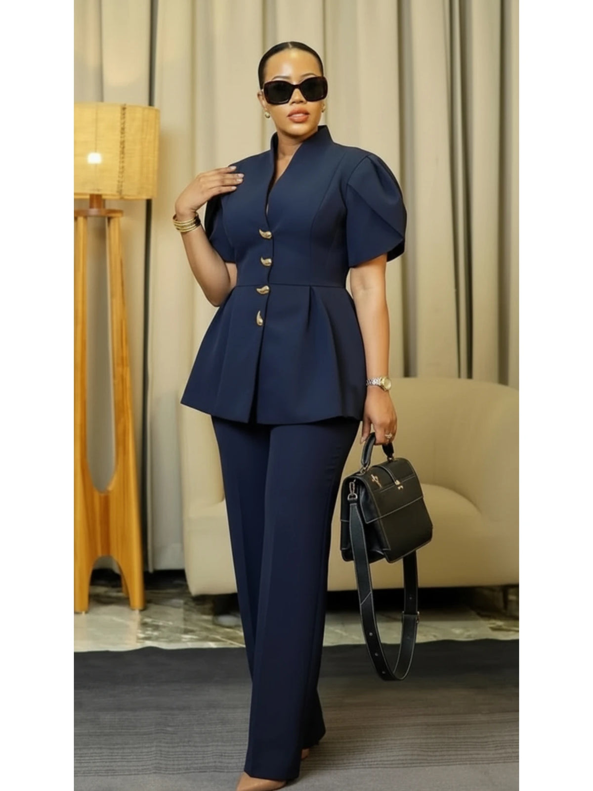 Women's Stand Collar Puff Sleeve Peplum Top And Pants Suit