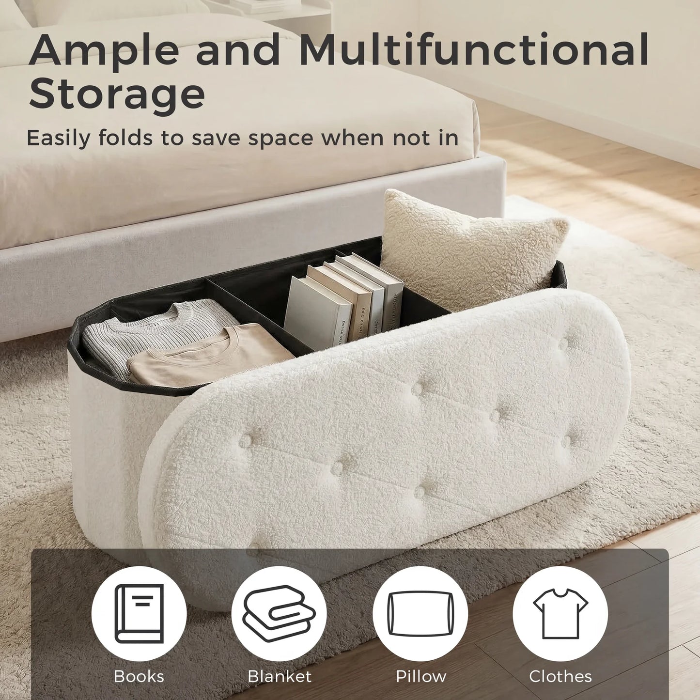 MCQ Faux Fur Folding Storage Ottoman Footrest For Bedroom