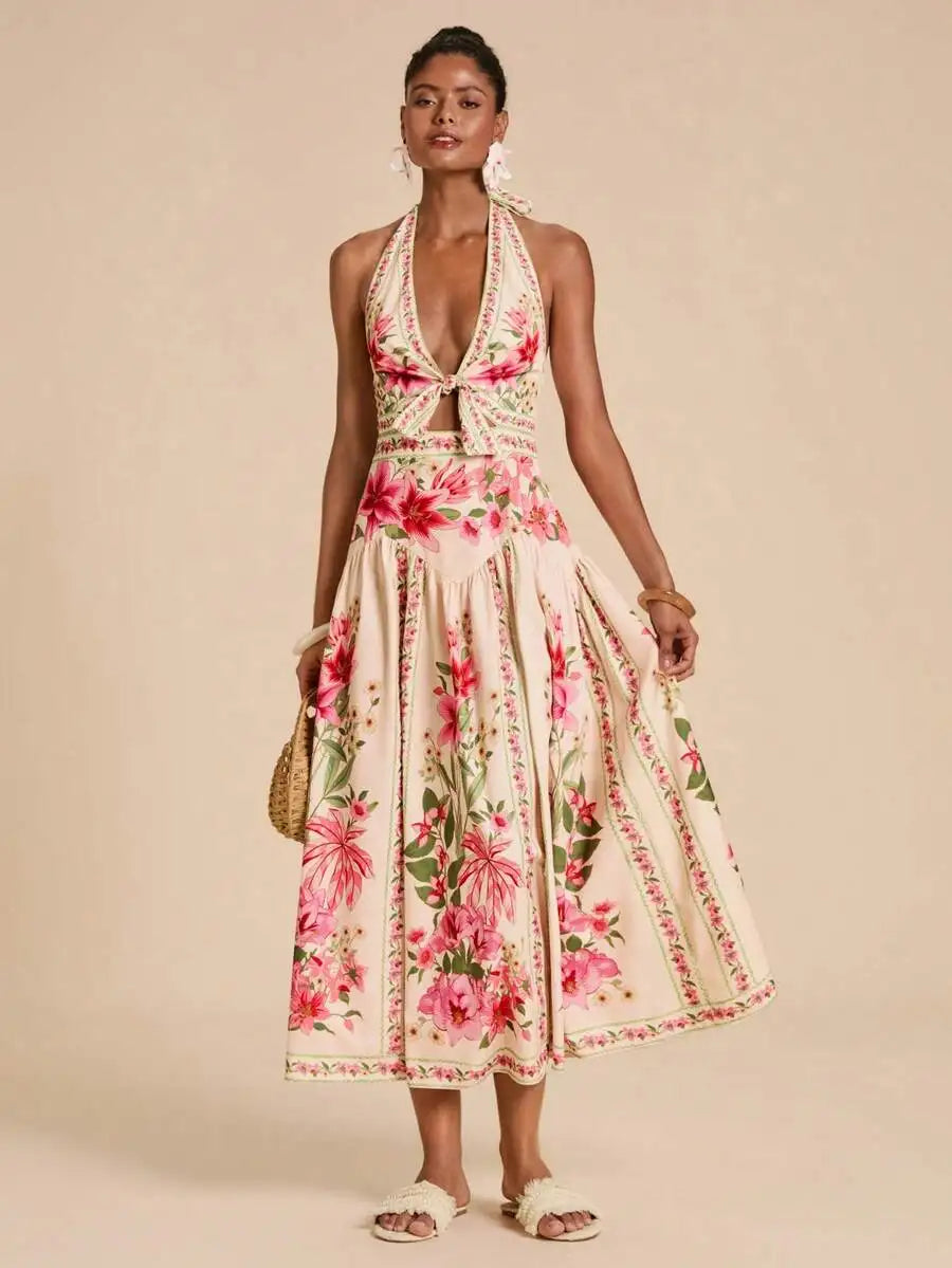 Elegant Floral Print Halter Backless Vacation Dress For Women