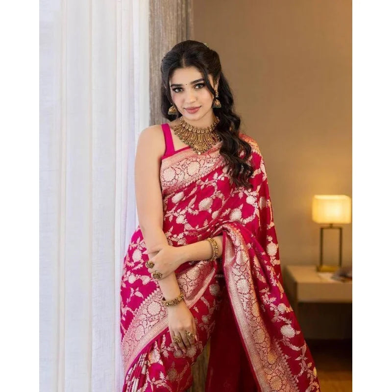 Women's Cotton Banarasi Silk Saree With Blouse Piece