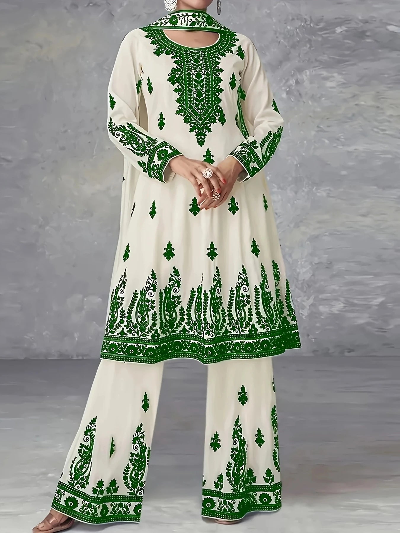 Women's Three Piece Set Ethnic Style Off White Black Printed