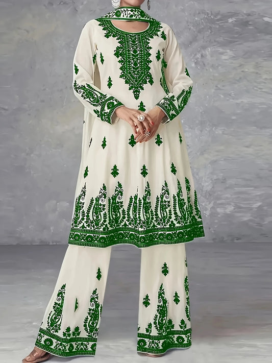 Women's Three Piece Set Ethnic Style Off White Black Printed